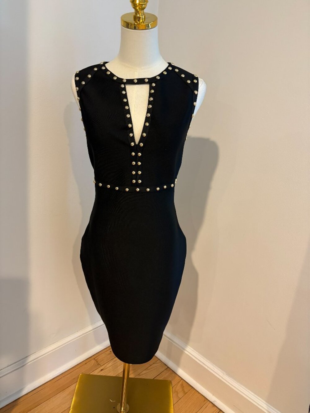 NWT Lascana Black Gold Studded Stretch Bodycon Sleeveless Sheath Dress Size Smal